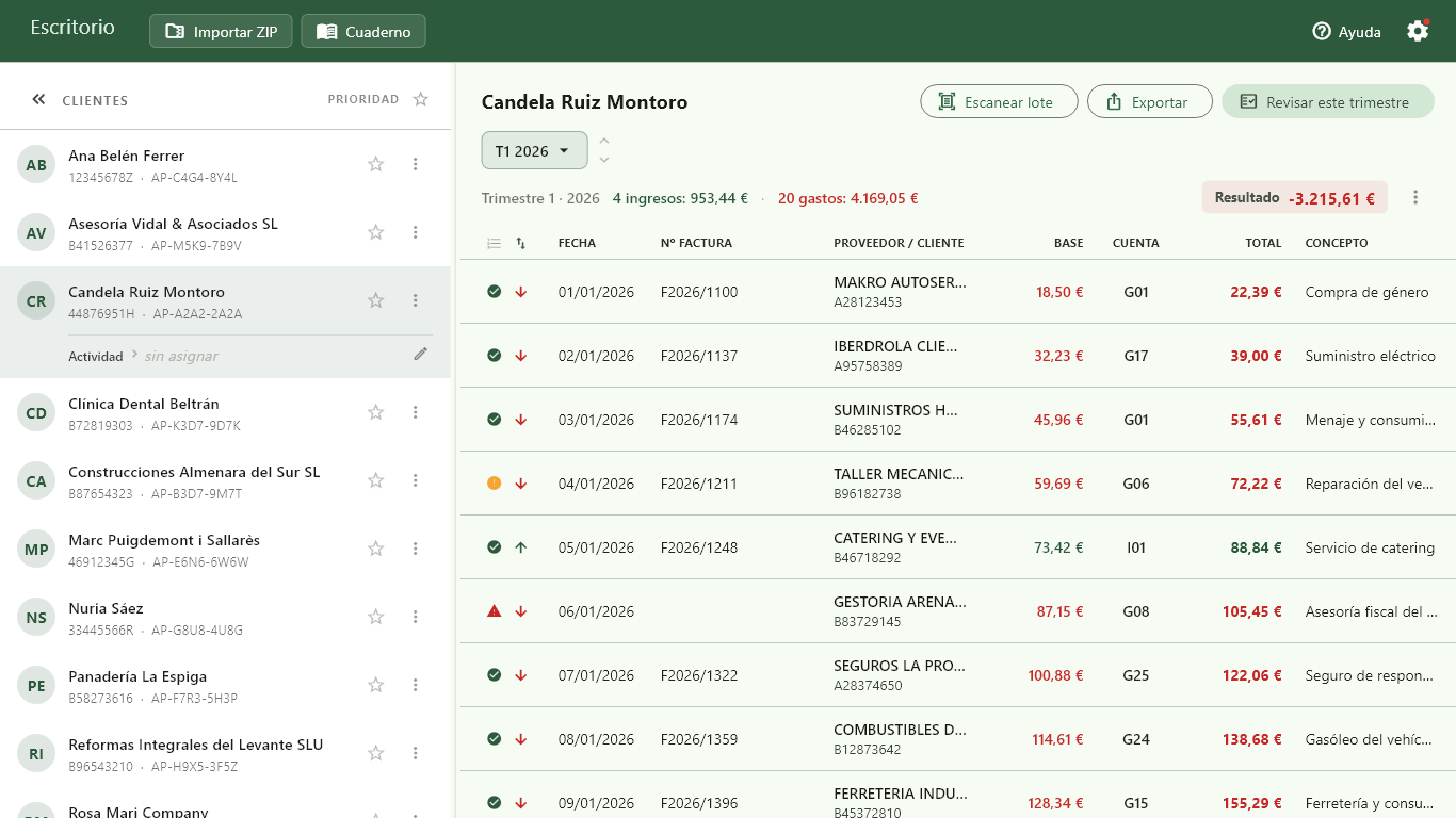 Apunta App Escritorio: la lista de clientes y los apuntes del trimestre