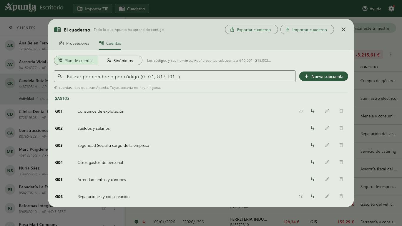 Plan de cuentas de estimación directa con sus sinónimos y subcuentas