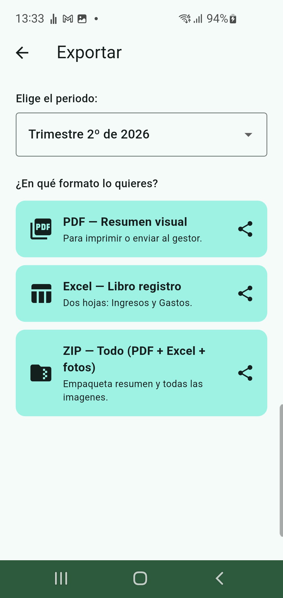 Pantalla de exportar trimestre al gestor