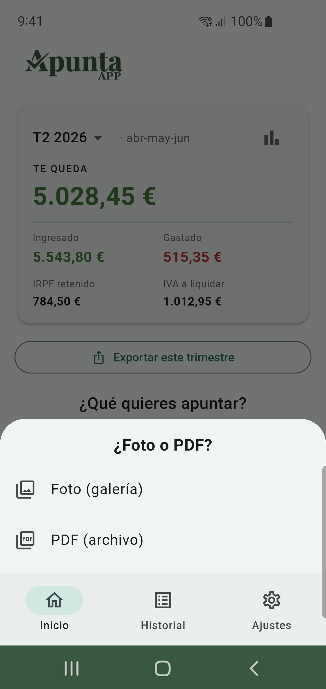 Menú para subir una foto o un PDF guardado en el móvil