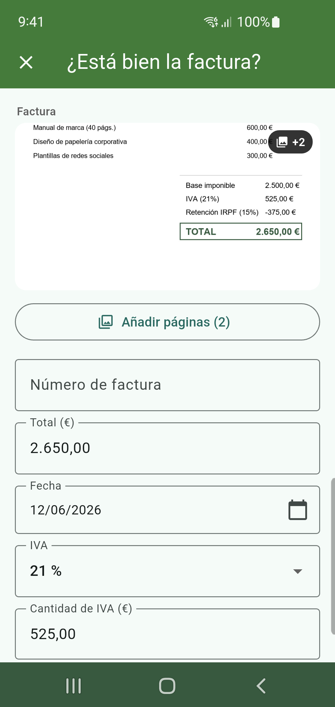 Factura de varias hojas con páginas adicionales en el mismo apunte