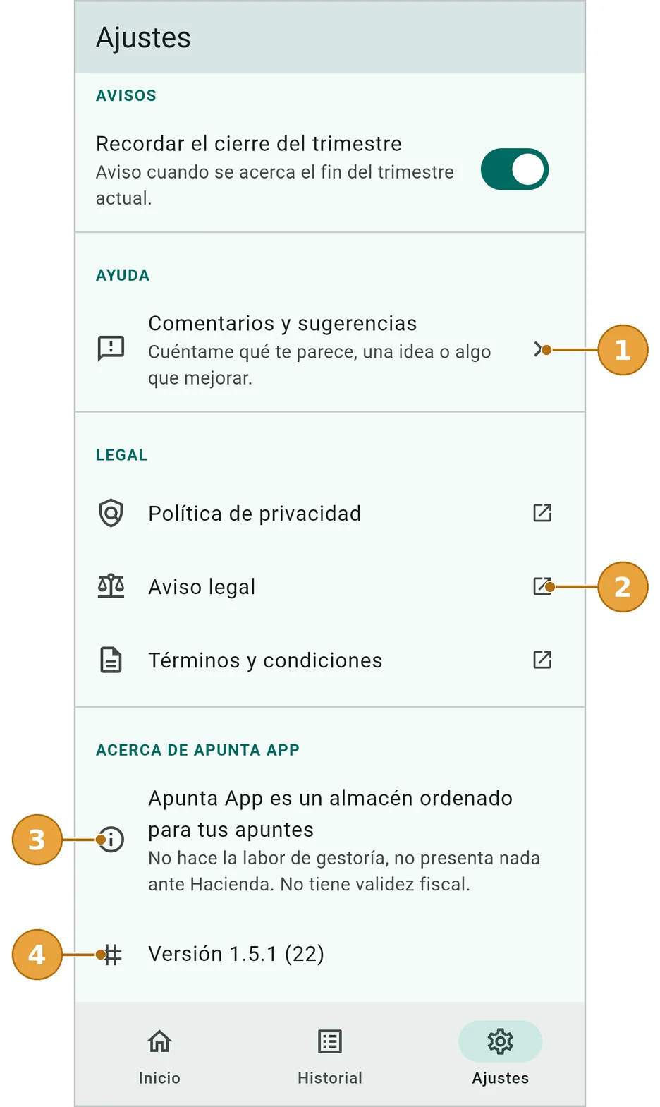 Ajustes: ayuda, legal y versión